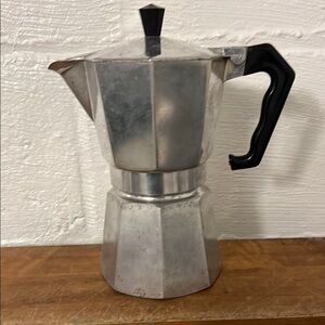 Vintage Moka Pot with Octagonal Shape and Black Handle Camping Boating Stovetop